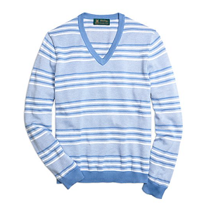 St Andrews Links Bird's-Eye Striped V-Neck Sweater - Medium Blue